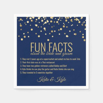 Personalized Navy Blue Gold Confetti Fun Facts Napkins by UniqueWeddingShop at Zazzle