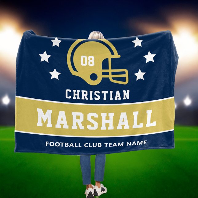 Personalized Navy Blue Gold Football Player Name Fleece Blanket (Creator Uploaded)