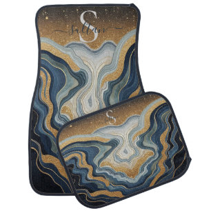Personalized Navy Blue Gold Glitter Agate Marble Car Floor Mat