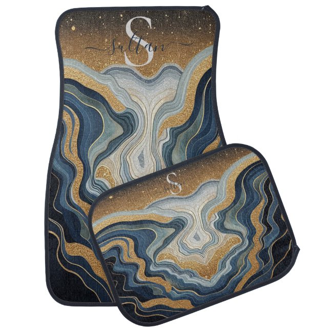 Personalized Navy Blue Gold Glitter Agate Marble Car Floor Mat (Set)