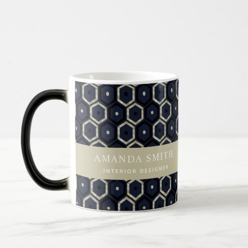 Personalized Navy Blue & Gold Modern Geometric Magic Mug - Personalized Navy Blue & Gold Modern Geometric Mug
This beautiful dark mug features geometric pattern in faux gold and navy blue and you can personalize it with your name and job. It is perfect gift for new job, interior designer, architect, anyone who likes modern elegance.
Message me for any needed adjustments.