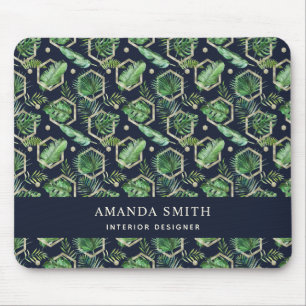Personalized Navy Blue Gold Palm Leaves Botanical Mouse Pad