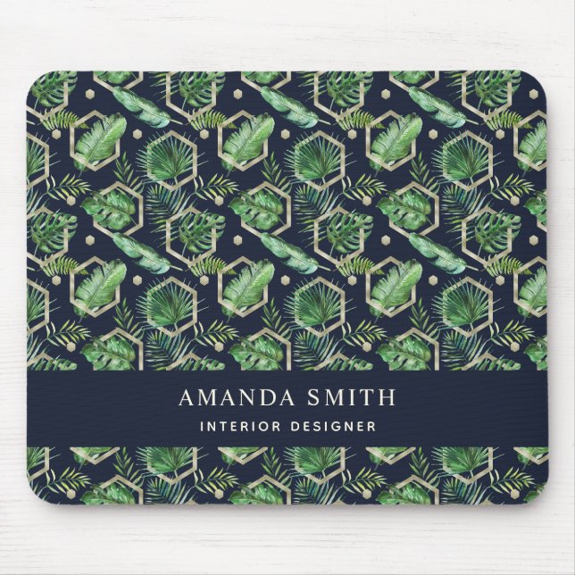 Personalized Navy Blue Gold Palm Leaves Botanical Mouse Pad (Front)