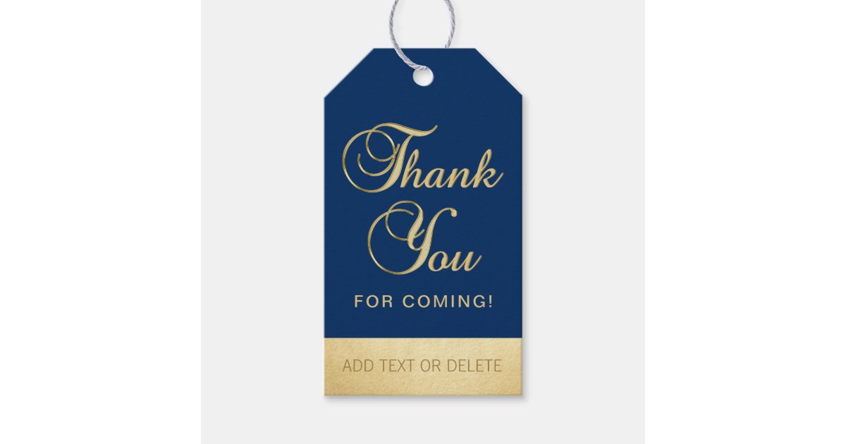 Personalized Navy Blue Gold THANK YOU FOR COMING Gift Tags | Zazzle.com