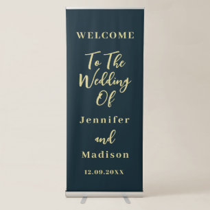 Personalized Navy Blue Gold Welcome Wedding Retractable Banner