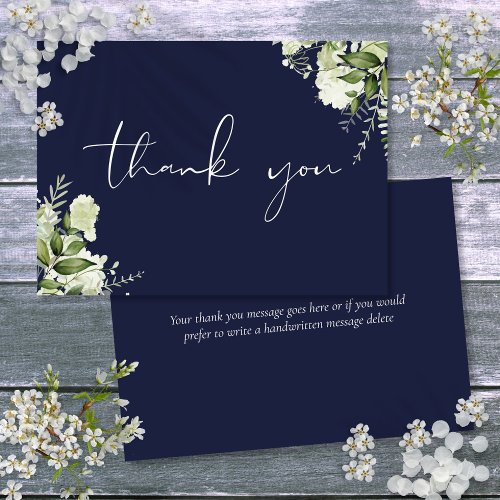 Personalized Navy Blue Greenery Elegant Script Thank You Card