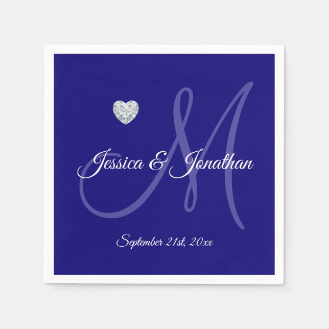 Personalized NAVY BLUE Heart Monogrammed Wedding Paper Napkins (Front)