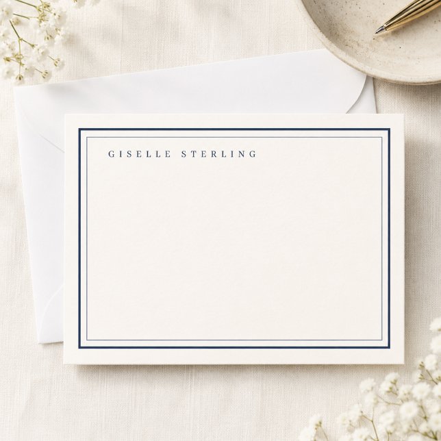 Personalized Navy Blue Ivory Double Border Note Card (Creator Uploaded)