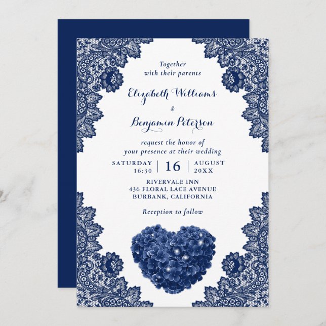 Personalized Navy Blue Lace Hydrangea Wedding Invitation (Front/Back)