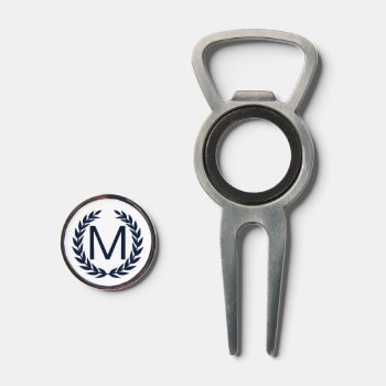 Personalized Navy Blue Laurel Wreath Monogram Divot Tool by StripyStripes at Zazzle