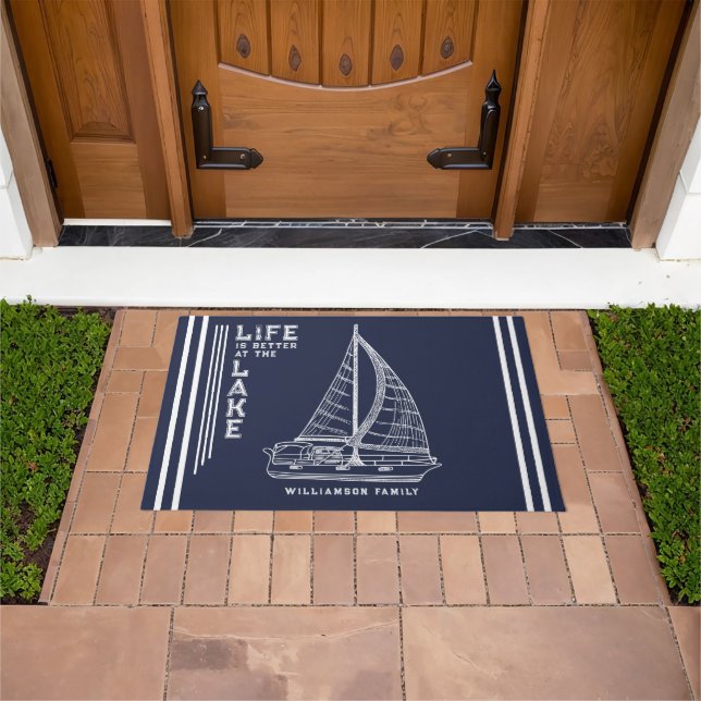 Personalized Navy Blue Life is Better at the Lake Doormat (Outdoor)
