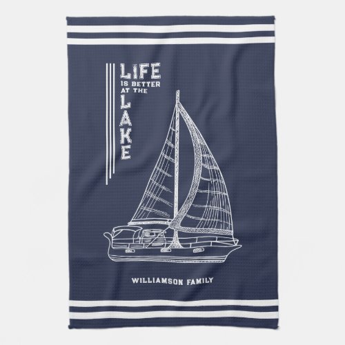 Personalized Navy Blue Life is Better at the Lake Kitchen Towel