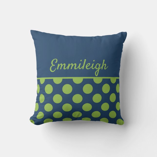 Personalized Navy Blue Lime Green Polka Dots Throw Pillow (Front)