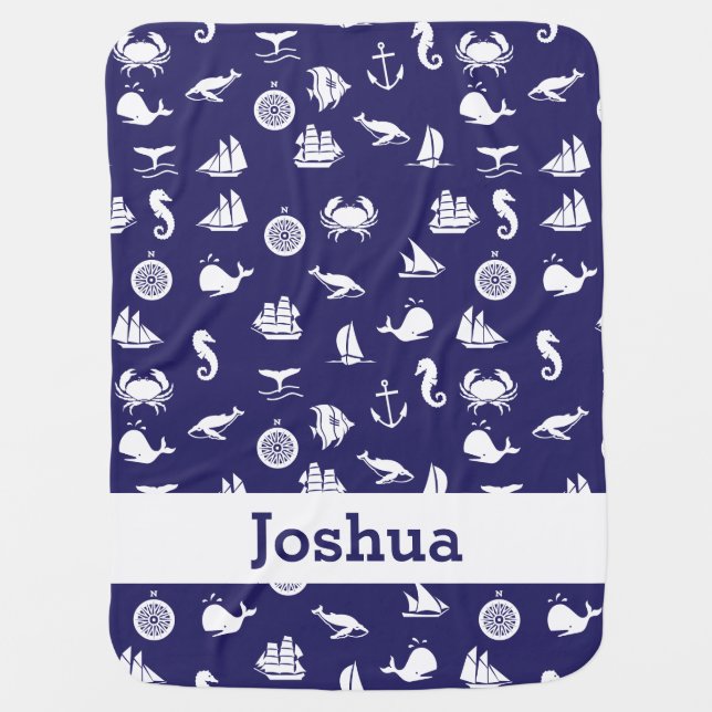 Personalized Navy Blue Maritime Nautical Blanket (Front)