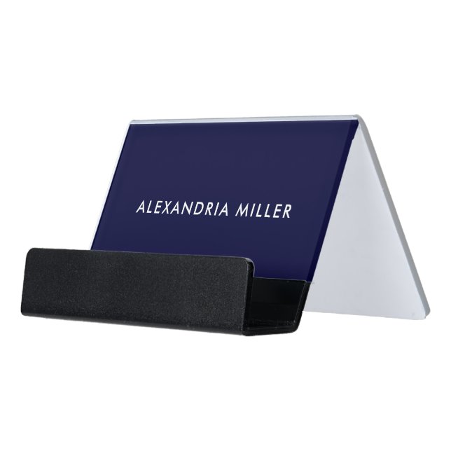 Personalized Navy Blue Monogram Desk Business Card Holder (Angled Front)