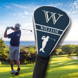 Personalized Navy Blue Monogram Golf Swing Head Cover<br><div class="desc">Personalized Monogram and Name for golfers. Blue with White lettering and a gentleman golfer . . (not actual leather). Sophisticated gift idea for dad or grandpa or retirement gift idea. Could also personalize the name field for a Golf Club or league. if you need any design assistance or a special...</div>