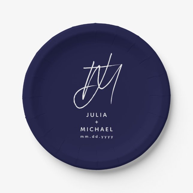 Personalized Navy Blue Monogram Wedding Paper Plates (Front)
