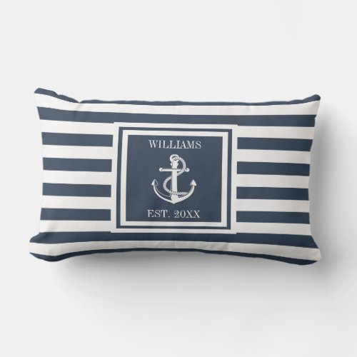Personalized Navy Blue Name Stripe Nautical Anchor Lumbar Pillow