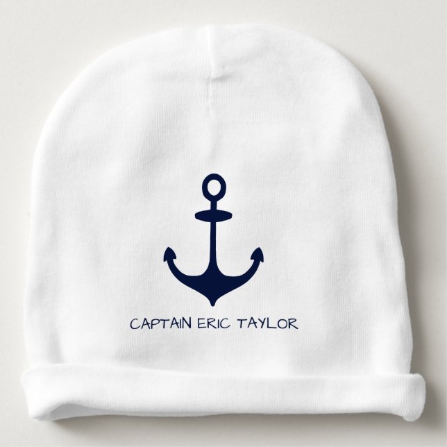 Personalized Navy Blue Nautical Anchor and Rudder Baby Beanie (Front)