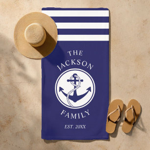 Personalized Navy Blue Nautical Anchor Beach Towel