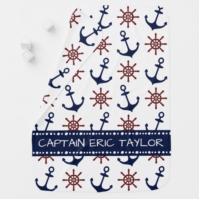 Personalized Navy Blue Nautical Anchor Swaddle Blanket (In Situ)