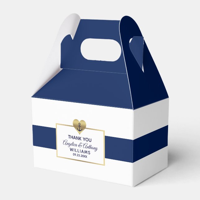 Personalized Navy Blue Nautical Heart Wedding Gift Favor Boxes (Front Side)