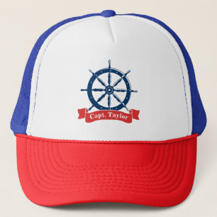 Personalized, navy blue nautical navy ship wheel, trucker hat