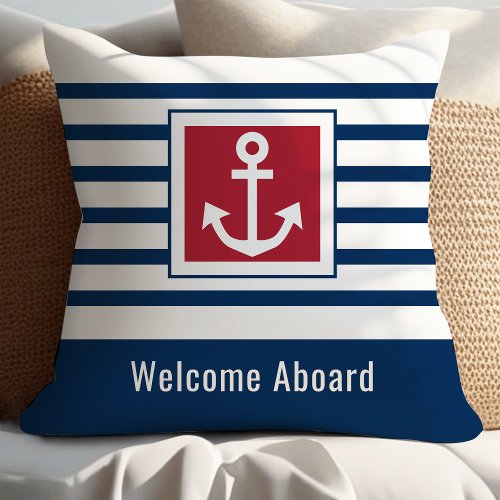 Personalized Navy Blue Nautical Stripes Anchor Throw Pillow