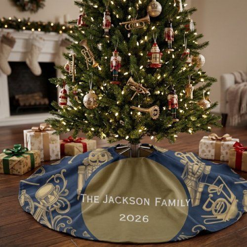 Personalized Navy Blue Nutcracker family name Faux Linen Tree Skirt