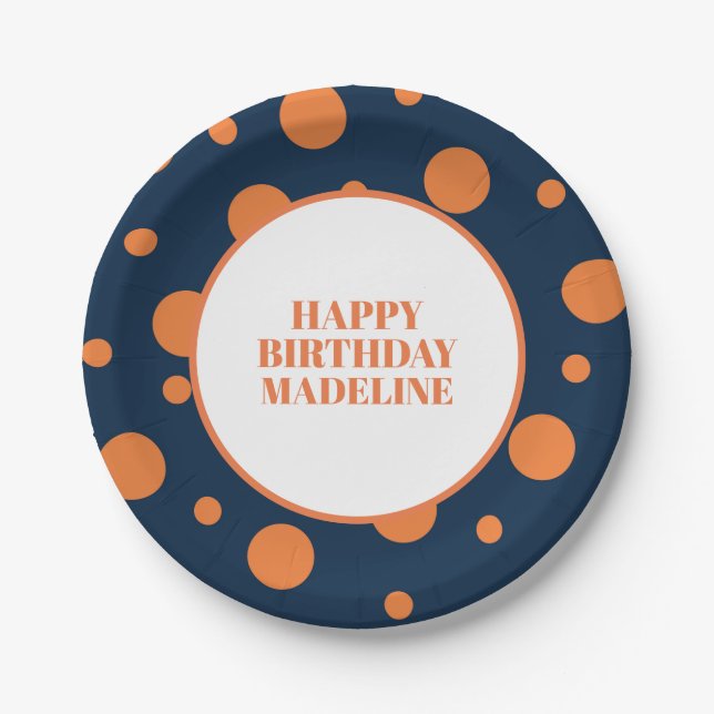 Personalized Navy Blue Orange Polka Dot Birthday Paper Plates (Front)