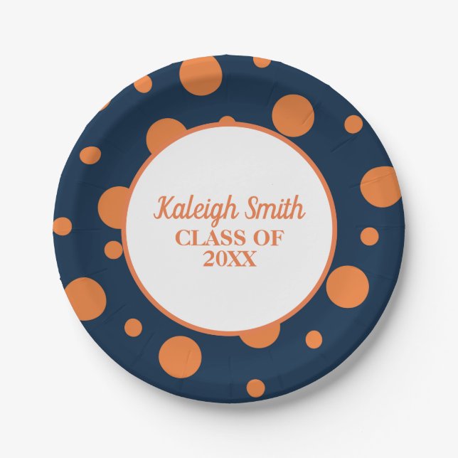 Personalized Navy Blue Orange Polka Dot Graduation Paper Plates (Front)