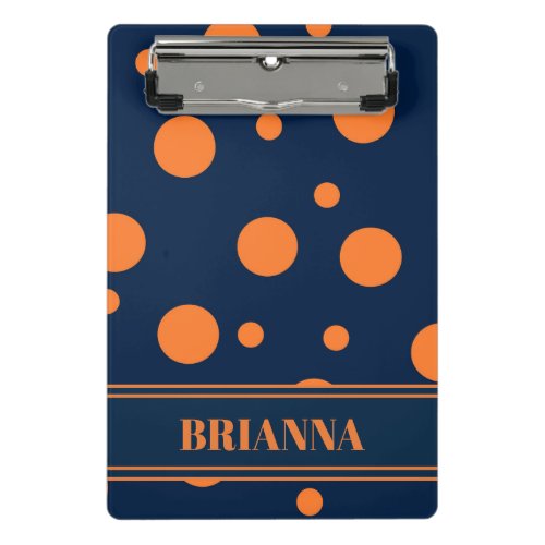 Personalized Navy Blue Orange Polka Dot Mini Clipboard