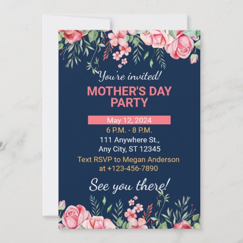 Personalized Navy Blue  Pink Mothers Day Party Invitation