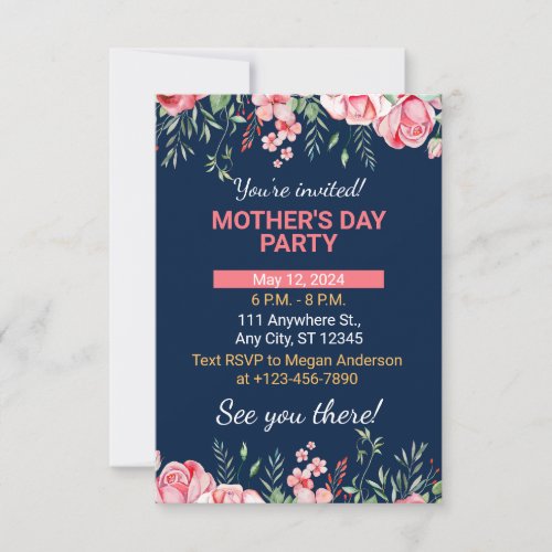 Personalized Navy Blue  Pink Mothers Day Party Invitation