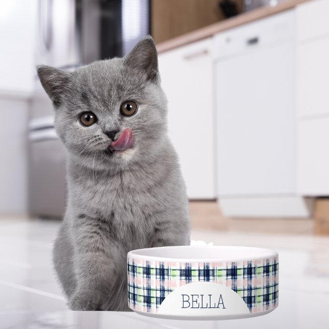 Personalized Navy Blue & Pink Plaid Pet Bowl (Creator Uploaded)