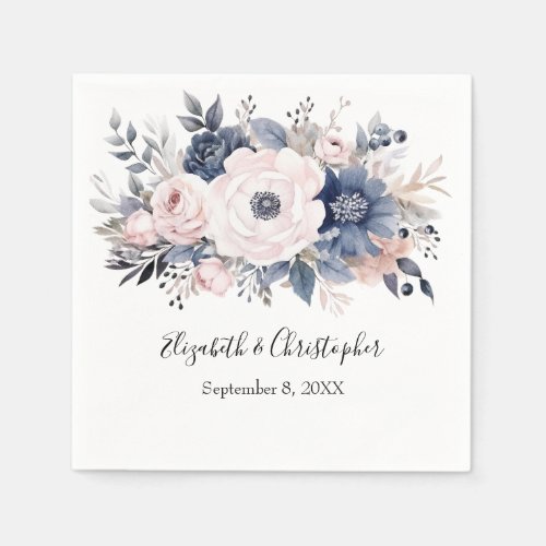 Personalized Navy Blue Pink White Floral Wedding Napkins