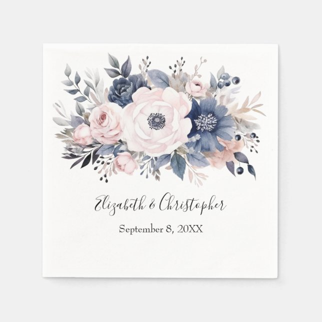 Personalized Navy Blue Pink White Floral Wedding Napkins (Front)