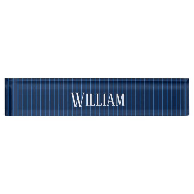 Personalized navy blue pinstripes desk name plate (Front)