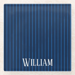 Personalized navy blue pinstripes glass coaster