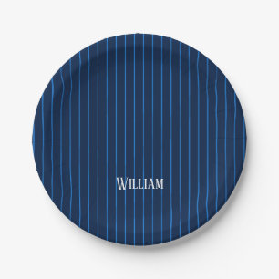 Personalized navy blue pinstripes paper plates