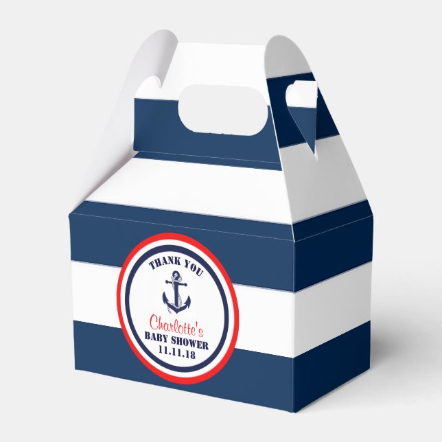 Personalized Navy Blue Red Nautical Baby Shower Favor Boxes (Front Side)