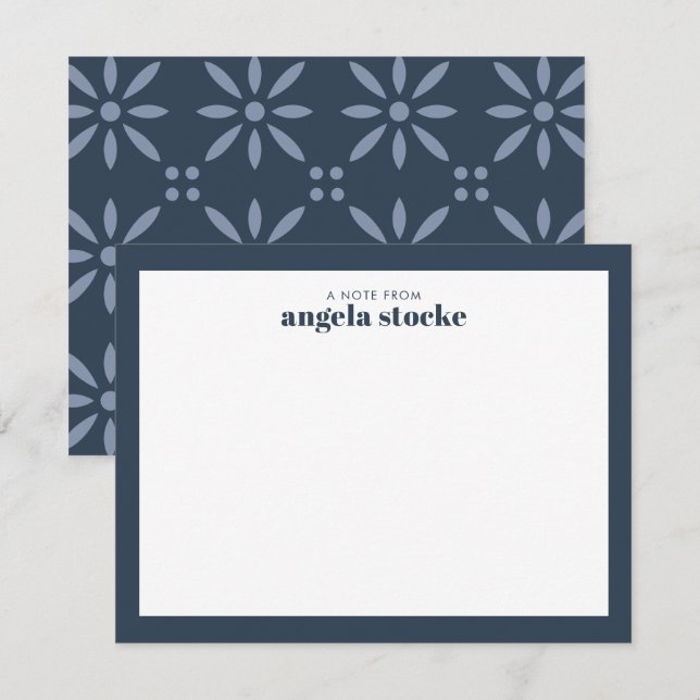 Personalized Navy Blue Retro Flower Note Card (Front/Back)