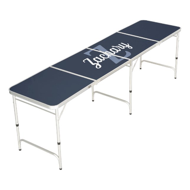 Personalized Navy Blue Retro Monogram Beer Pong Table (Angled)