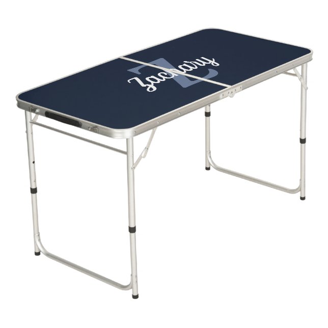 Personalized Navy Blue Retro Monogram Beer Pong Table (Angled)