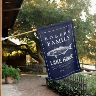 Personalized Navy Blue Rustic Lake House Flag