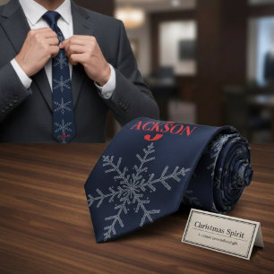 Personalized Navy Blue Snowflake Christmas Gift Neck Tie