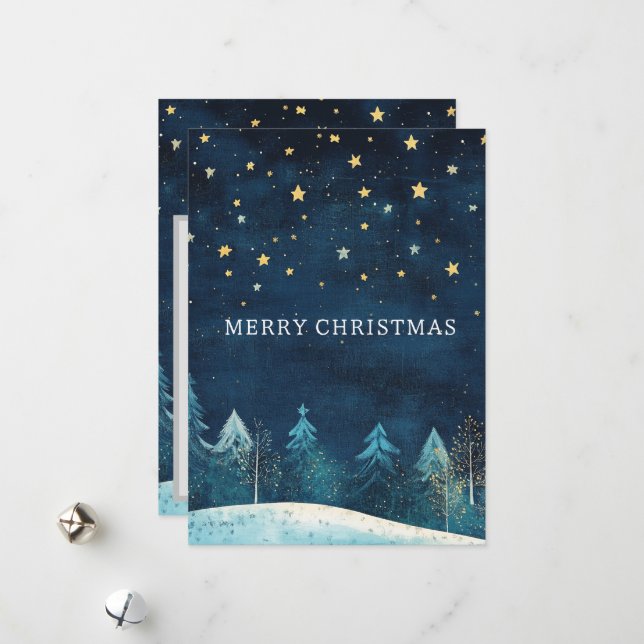 Personalized Navy Blue Snowy Night Sky Christmas  Holiday Card (Front/Back In Situ)
