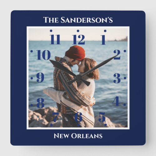 Personalized Navy Blue Square Top Bottom Texts Square Wall Clock