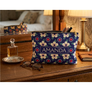 Personalized Navy Blue Vintage Floral Accessory Pouch