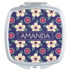 Personalized Navy Blue Vintage Floral Compact Mirror